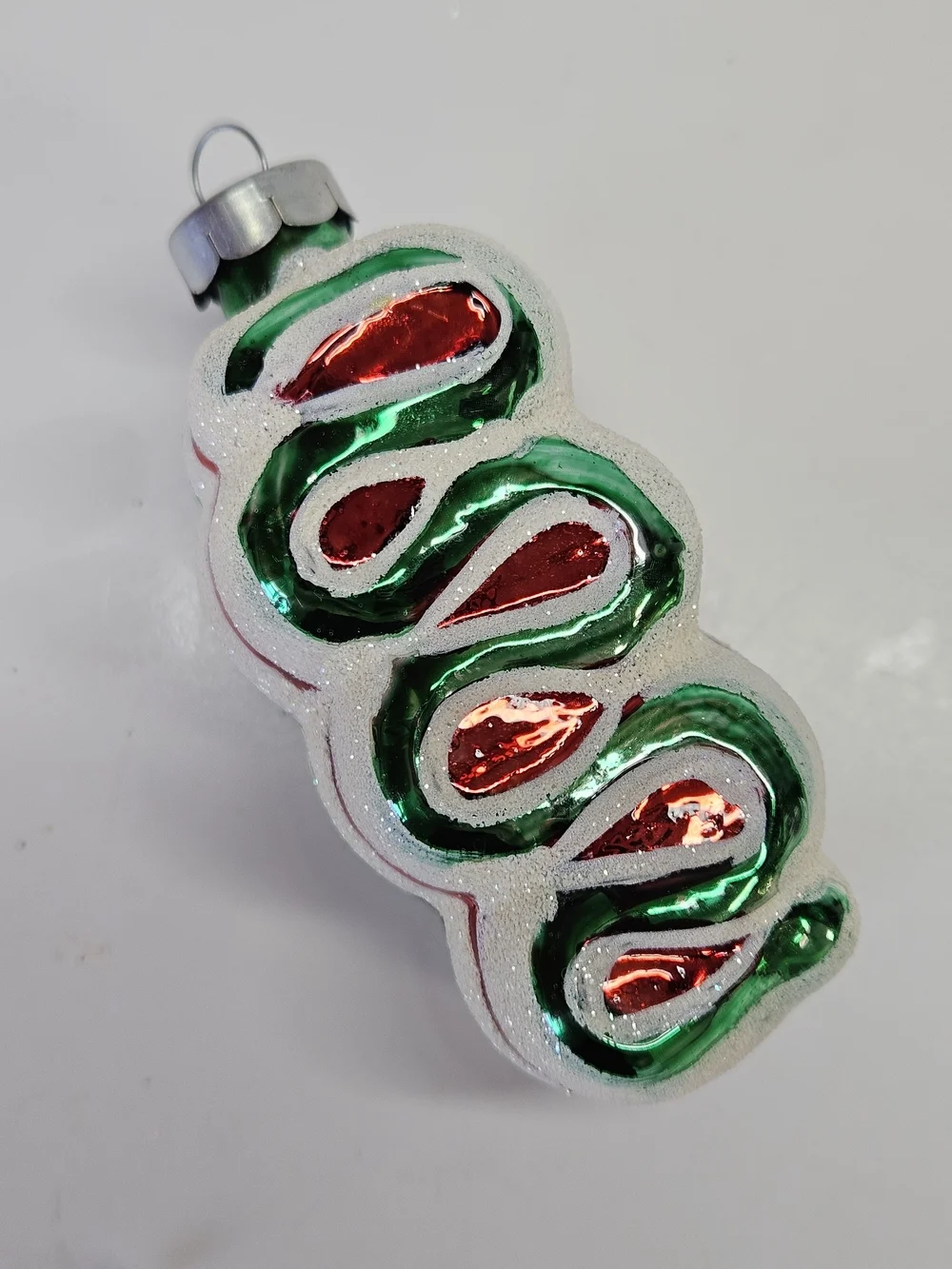 VINTAGE Rauch Red & Green Christmas Ribbon Candy Glitter Glass Ornament